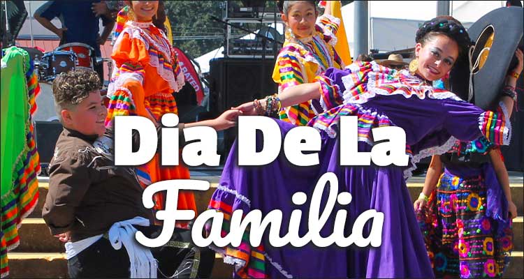 Dancers in the background and text: Dia de la Familia